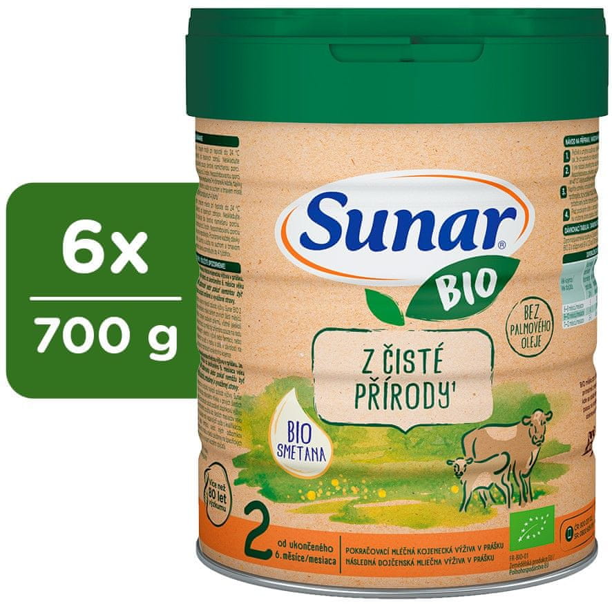 Sunar BIO 2 pokračovacie dojčenské mlieko, 6 x 700 g